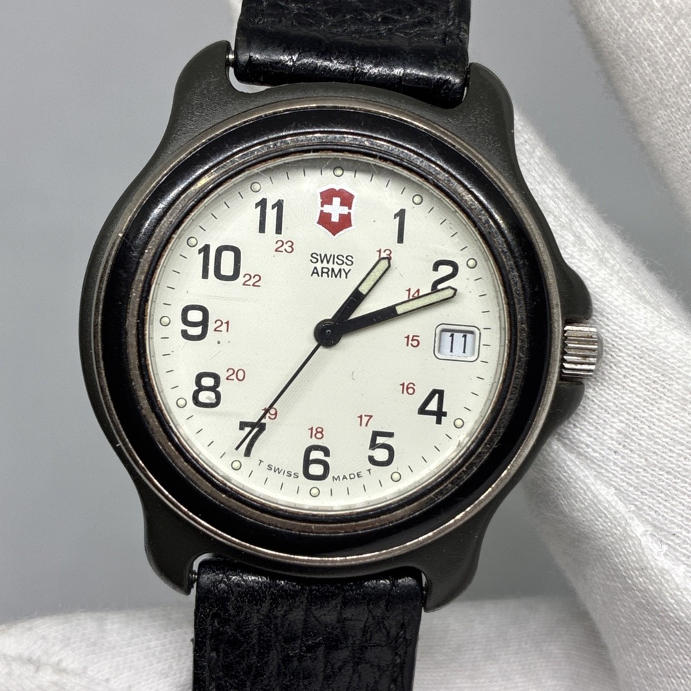 Vintage Swiss Army Mens Watch White Dial Stainless Back 330 Feet Black Leather